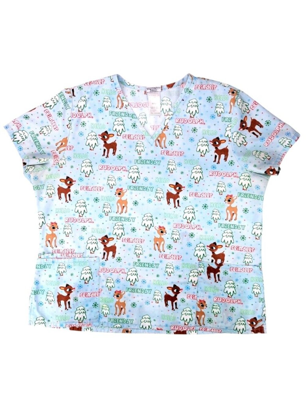 Rudolph The Red-Nosed Reindeer Scrub Top Blue Women XL Christmas Pockets V-Neck